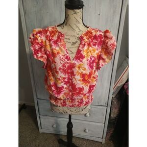 Entro Anthropology Ruffled V-neck Multicolor Floral Boho Size Large Top